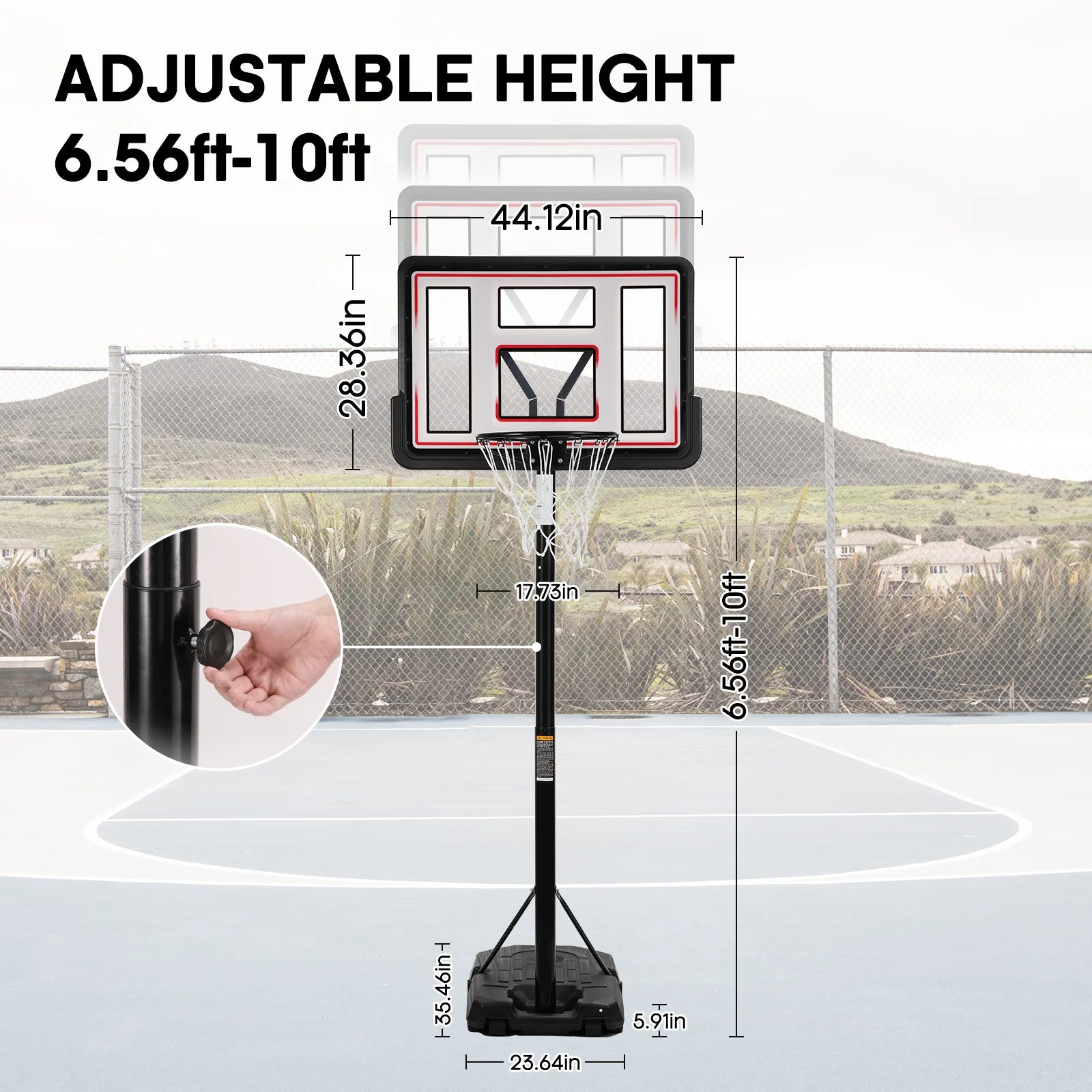 44In Basketball Hoop Adjustable Height 6.56Ft-10Ft Goal Durable Outdoor Portable Basketball System for All Age Ranges